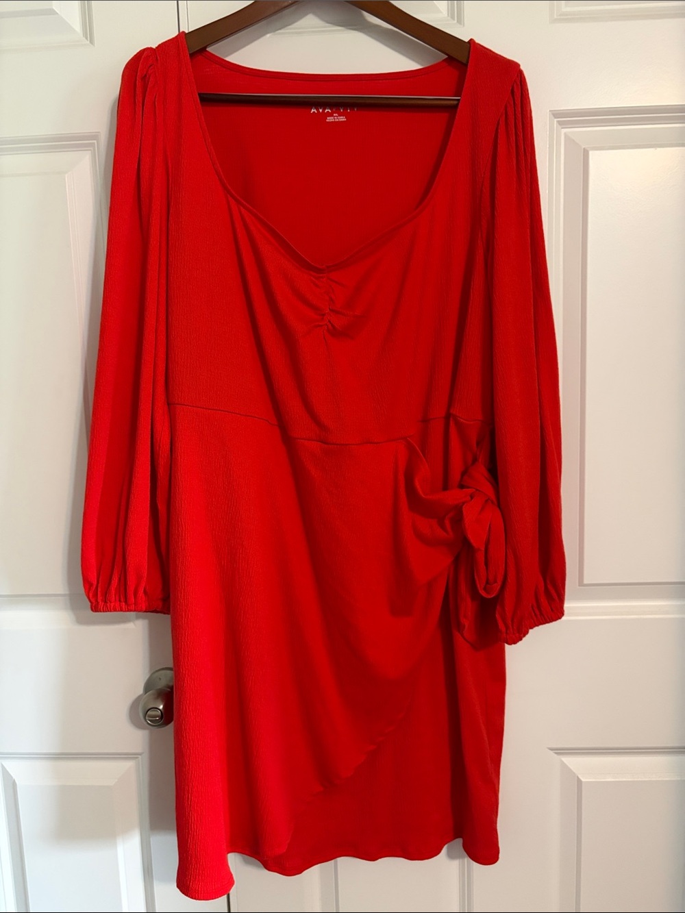 Bright orange-red faux wrap dress